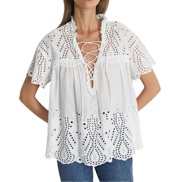 NWT Reiss Aubree Eyelet Short Sleeve Tie Neck White Top US 2 - Picture 1 of 9